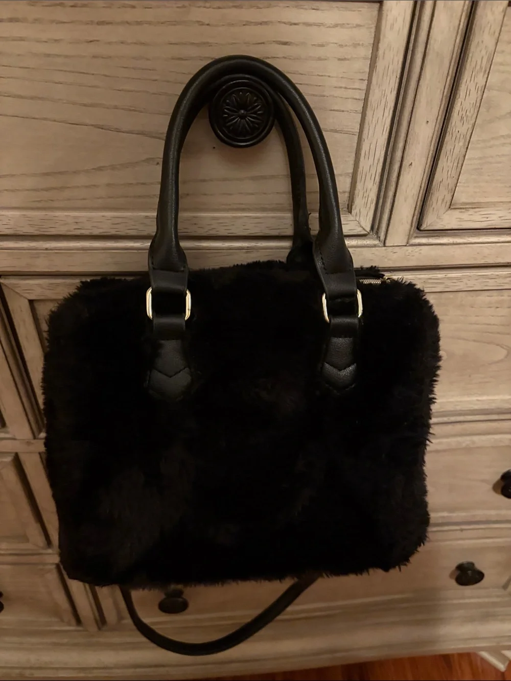 Juicy Couture Black Faux Fur Satchel with Red Heart Charm Accent